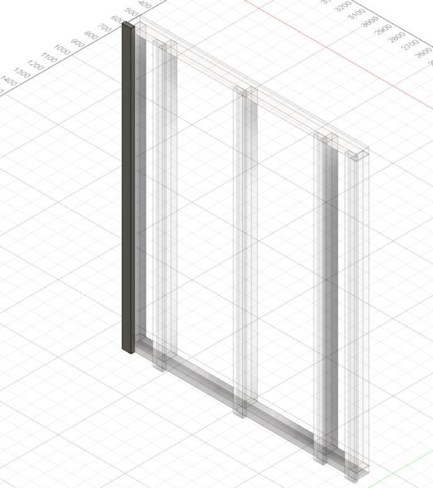 3D-konstruktionsritning av en vägg med reglar och öppen luftspalt, avsedd för liggande panel.