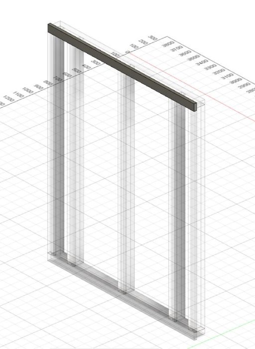 CAD-ritning av väggsektion med stolpar och öppen luftspalt för isolerat förråd.