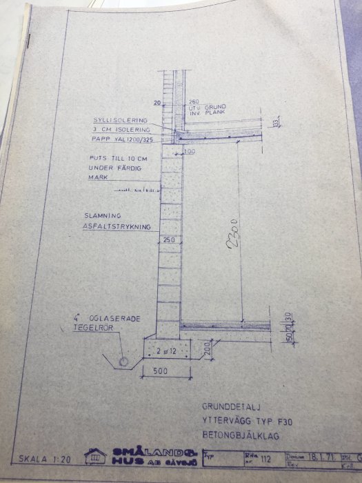 Ritning av en grunddetalj för en yttervägg och betongbjälklag med mått och materialspecifikationer.