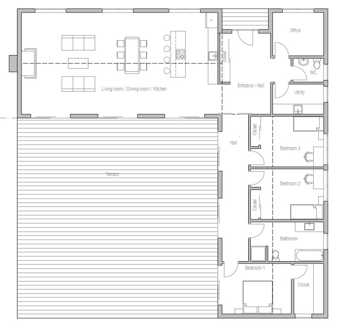 Ritning av ett L-format hus med planlösning inklusive vardagsrum, kök, sovrum, kontor och terrass.