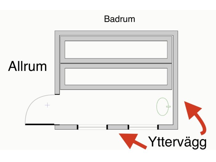 Ritning av bastu i fristående hus med dusch/WC, lavar, dörr och fönster, med frågor om ventilation.