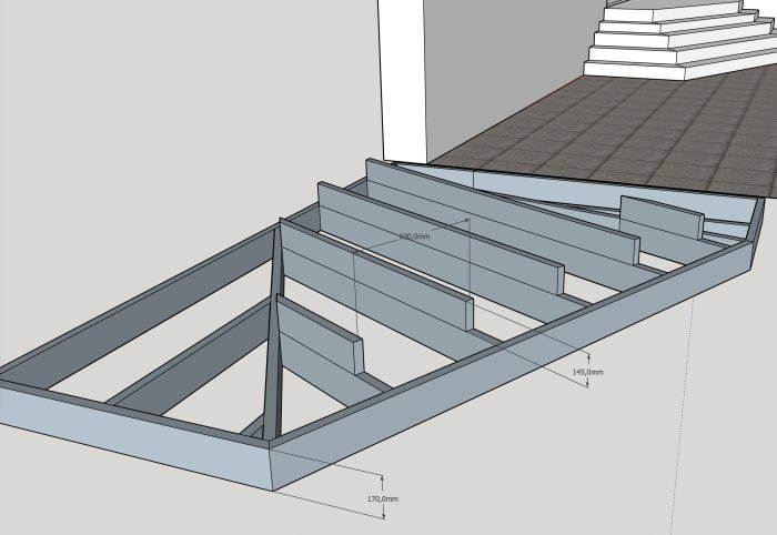 3D-ritning av en trätrappa under konstruktion med måttangivelser.