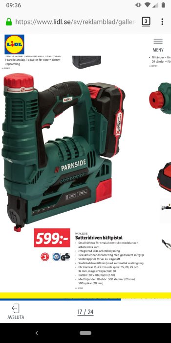 En batteridriven häftpistol från Parkside med LED-ljus och tillbehör visas med pris och specifikationer på Lidl reklamblad.