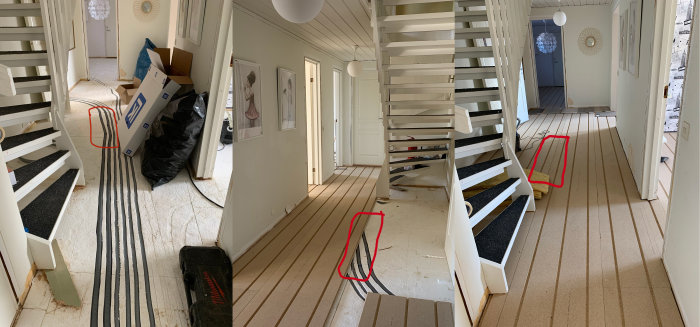 Panoramavy av ett pågående golvprojekt med markerade områden där det knarrar.