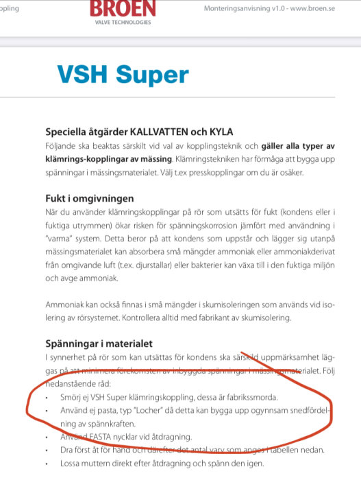 Monteringsanvisning dokument med text och rödmarkeringar som betonar att VSH Super klämring inte ska smörjas.