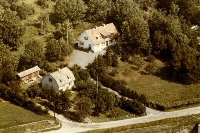 Svartvit flygbild från 60-talet av ett hus med ljusgrått, plant tak och lummig omgivning.