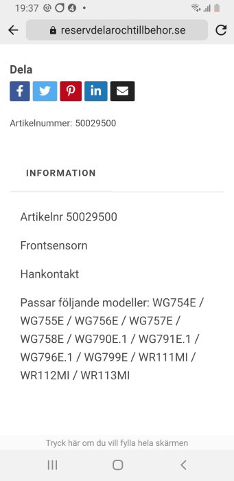 Skärmdump visar artikelnummer och kompatibla modeller för en frontsensor på reservdelshemsida.