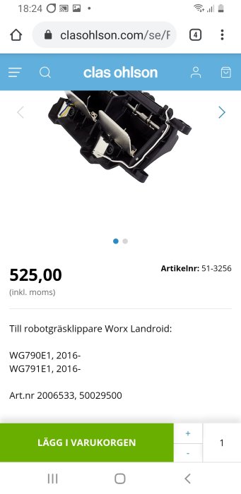 Reservdel till robotgräsklippare Worx Landroid, visad på webbsidan med pris och artikelnummer.