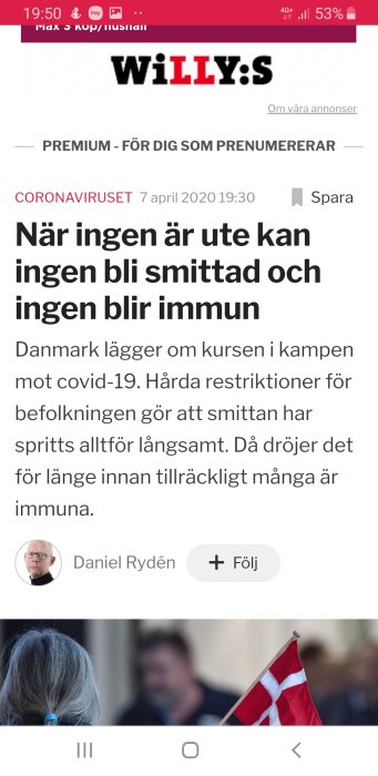 Skärmdump av Sydsvenskan artikel om coronapandemin med rubrik och författarens profilbild.