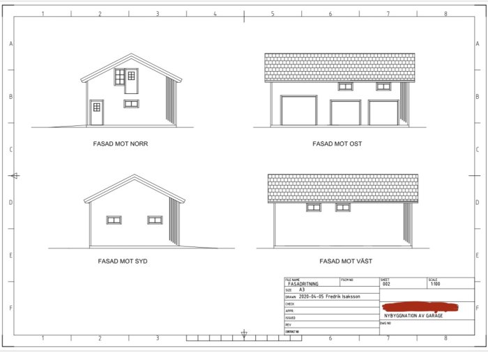 Arkitektoniska fasadritningar av ett hus och garage med norr, syd, öst och västvyer.