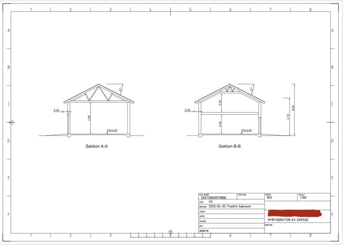 Arkitektritningar av sektioner för ett garage, betecknat som Sektion A-A och Sektion B-B.