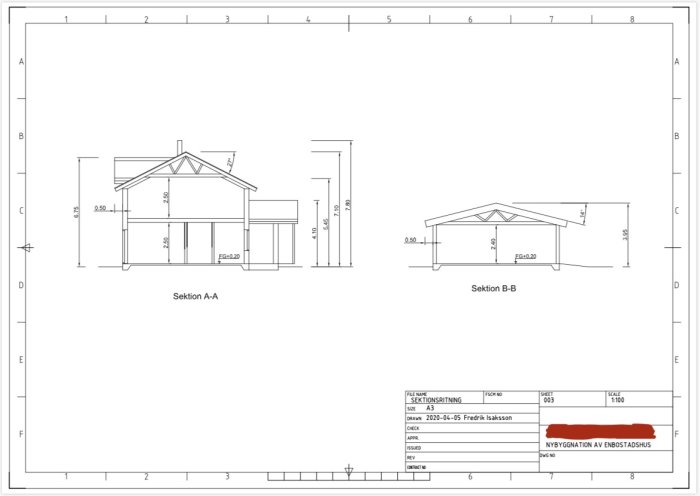 Arkitektritningar över sektionerna A-A och B-B av ett enbostadshus, daterade och signerade av Fredrik.