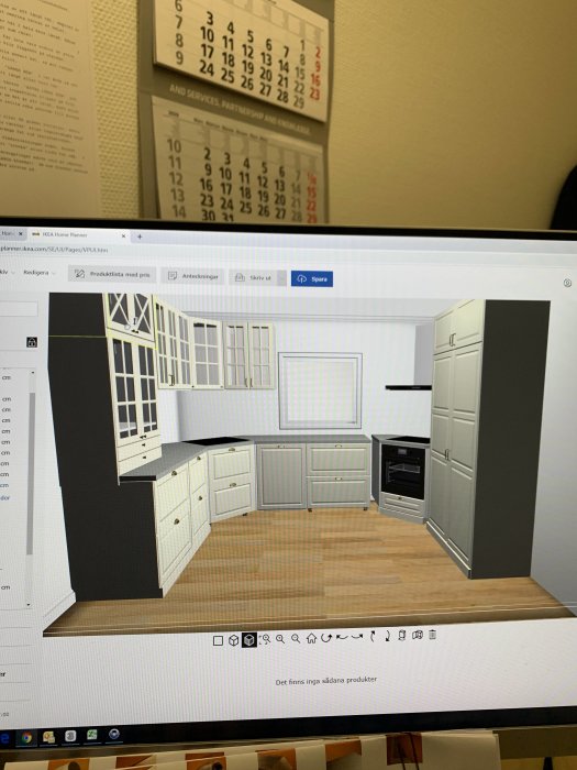 Datorskärm som visar ett 3D-upplägg av ett kök designat i IKEA Home Planner programmet.