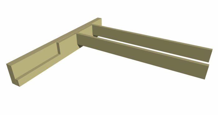 3D-skiss av träbjälkar med en kloss som stöd för infästning i fasad.