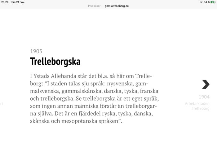 Skärmklipp med text om dialekten "Trelleborgska" från en webbsida, omnämnande många språk.