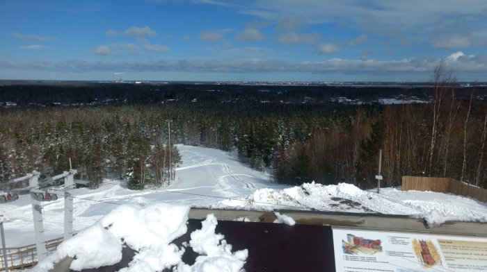 Utsikt över snötäckt landskap mot Vasa, med skog och himmel i bakgrunden.