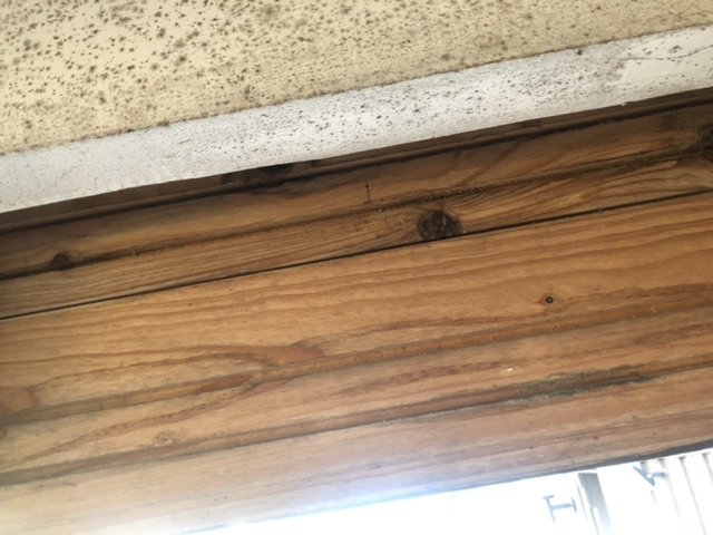 Närbild på liggande träpanel med en "förhöjning" på cirka 65 mm som behöver bytas ut.