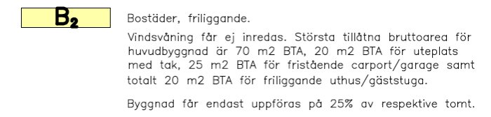 Utdrag från en detaljplan som anger regler för byggnadsyta och inredning av vind för fristående bostäder.