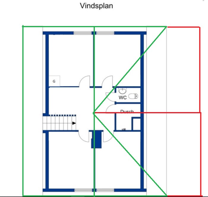 Ritning av vindsvåning med nuvarande taklinje i grönt och förslag till ny taklinje i rött.
