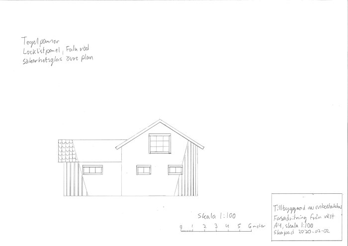 Handritad skiss av tillbyggnad till en enbostadshus fasad med skala och noteringar.