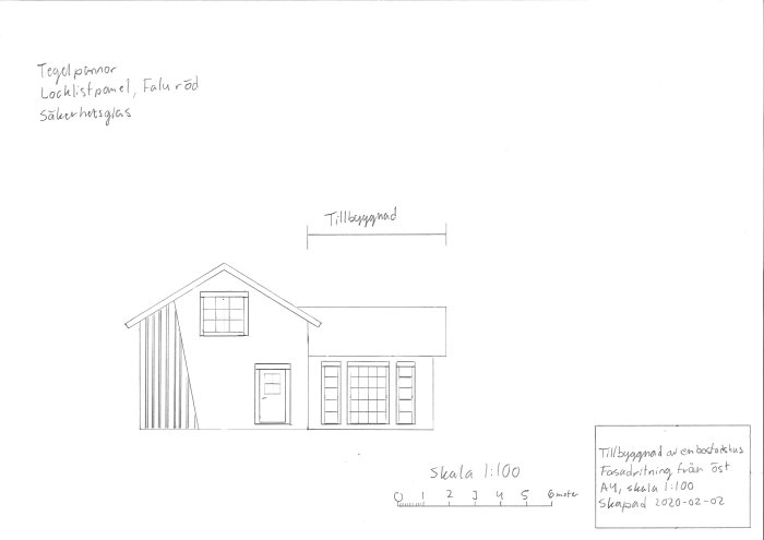 Handritad skiss av ett tillbyggnadprojekt till en bostad med måttangivelser och materialnotering.