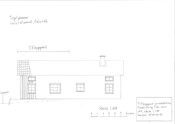 Handritad arkitekturritning av en husfasad med skala och materialanteckningar, daterad och undertecknad.