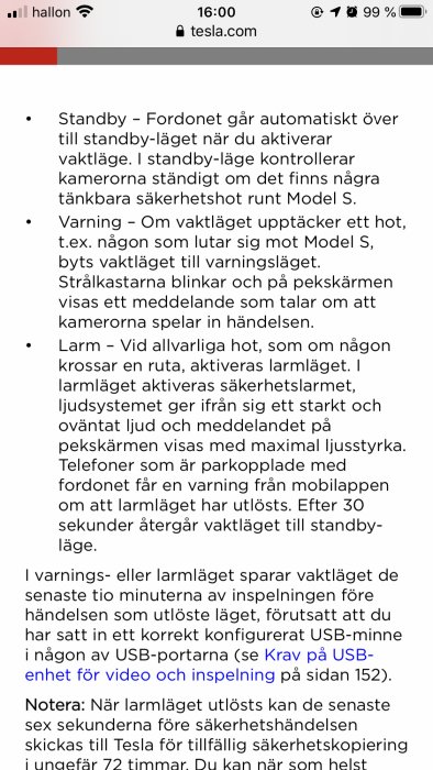 Skärmdump av diskussion om säkerhetssystem i en Model S på en bilrelaterad webbplats.