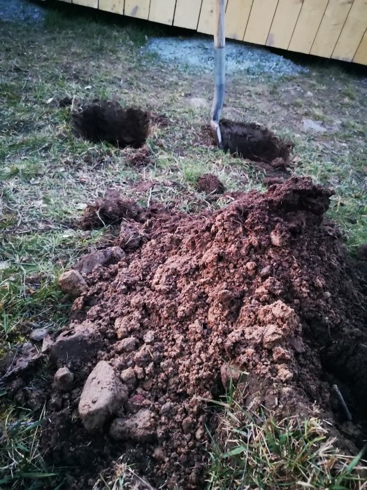 Sandig mullrik jord på lerrik tomt med grävda hål och en spade i bakgrunden.