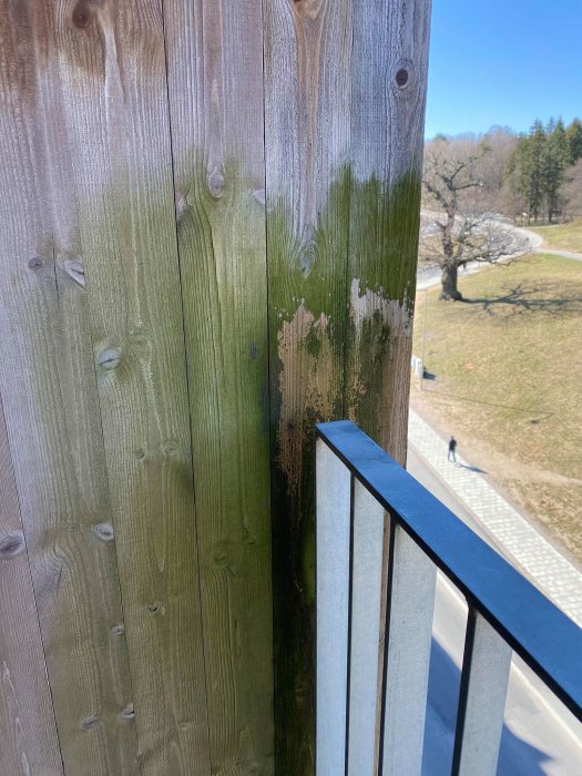 Balkongvägg med gröna mossafläckar, i behov av rengöring, med utsikt över park och gångväg.