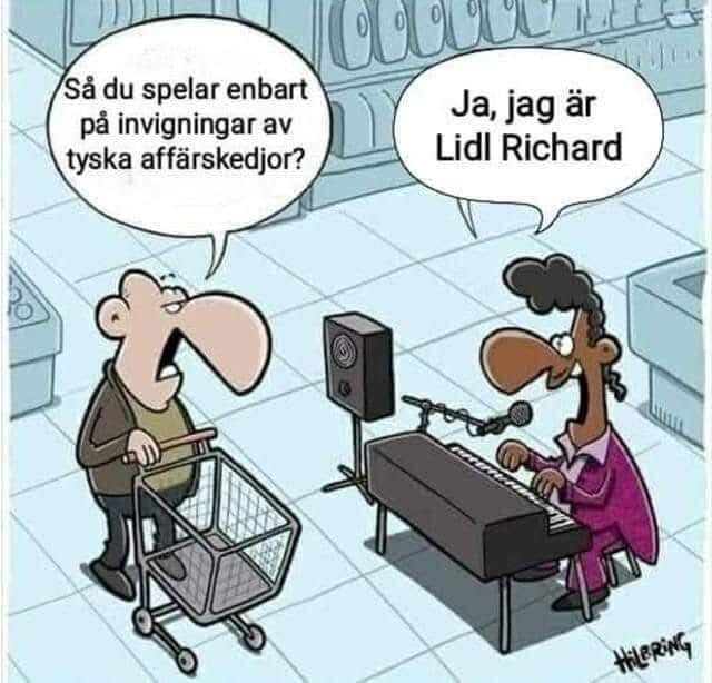 Två tecknade figurer i butik, den ena shoppar, den andra spelandes piano med ordleksdialog.