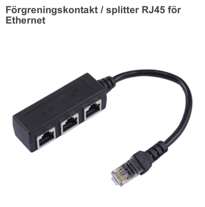 En RJ45 förgreningskontakt/splitter för Ethernet med en grå kabel ansluten och tre tomma portar.