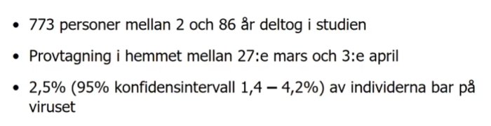 Information om en studie med 773 deltagare, prover tagna hemma och 2,5% bär på viruset.