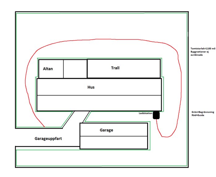 Skiss av en trädgård med omrissning av hus, altan, trall, garage och laddstation.