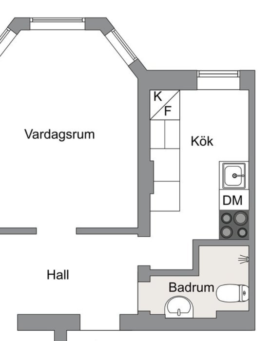 Skiss av en lägenhetsplan med markerade områden för vardagsrum, kök, hall och badrum inklusive kökslayout med diskmaskin och spis.