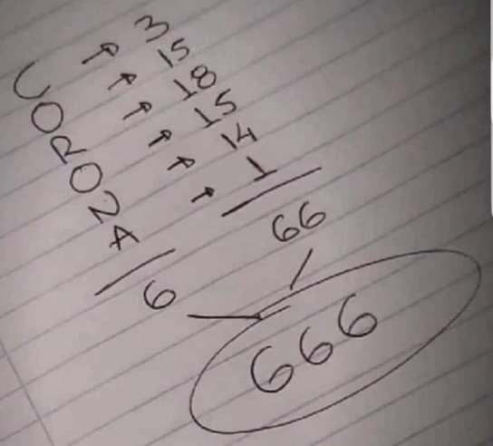 Handskriven anteckning med bokstäverna i "CORONA" där varje bokstav ersätts med ett tal, resulterande i summan 666.