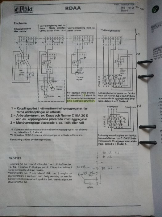 Elektriskt kopplingsschema från manual, märkt "Fläkt RDAA", innehållande diagram och anvisningar om enhetsdrift och varvtalsstyrning.