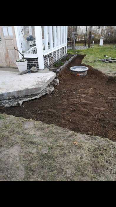 Uppgrävd jord vid husgrund med plan för 10cm grus och trall, gräns till gräsmatta synlig.