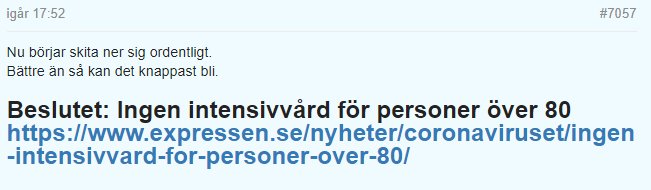 Skärmdump av foruminlägg om intensivvårdsprioriteringar, med rubrik och länk till nyhetsartikel.