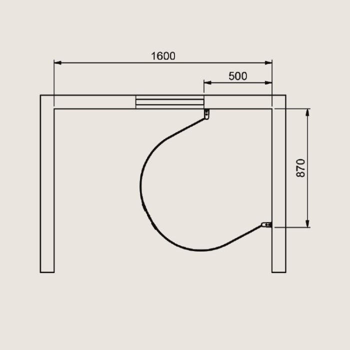 Teknisk ritning av duschvägg monterad vid vägg, med måttangivelser 1600 mm bredd och 870 mm djup.