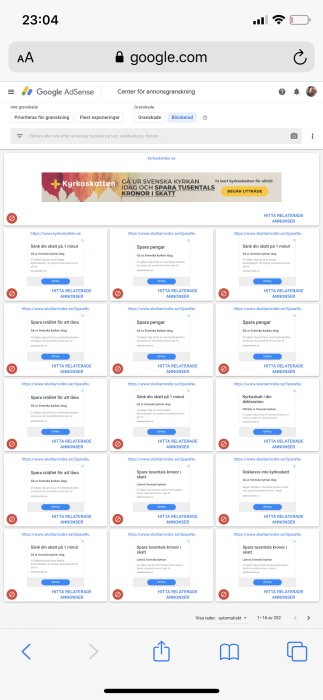 Skärmbild av Google AdSense annonsgranskningssida med blockerade annonser om skattesänkning.