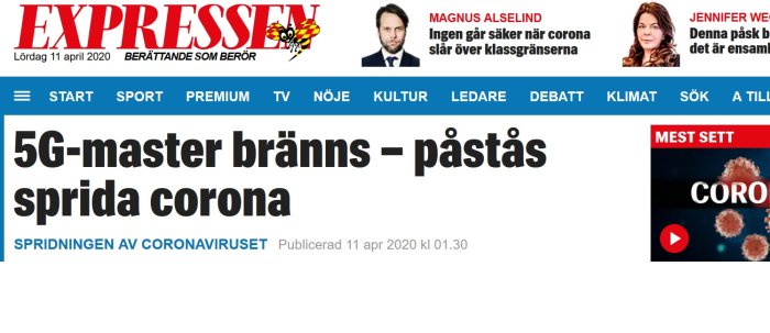 Skärmbild av en artikel från Expressen med rubriken "5G-master bränns - påstås sprida corona".