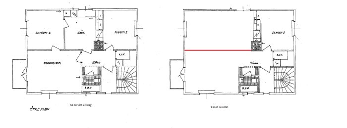 Ritningar som visar nuvarande planlösning och tänkt resultat av renoverat hus med öppna ytor upp till nock.