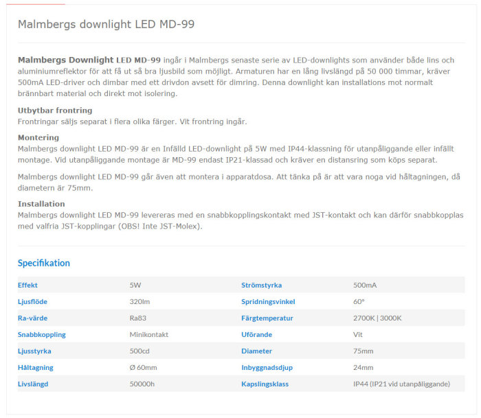 Datablad för Malmbergs downlight LED MD-99 som visar specifikationer inklusive effekt, ljusflöde och mått.