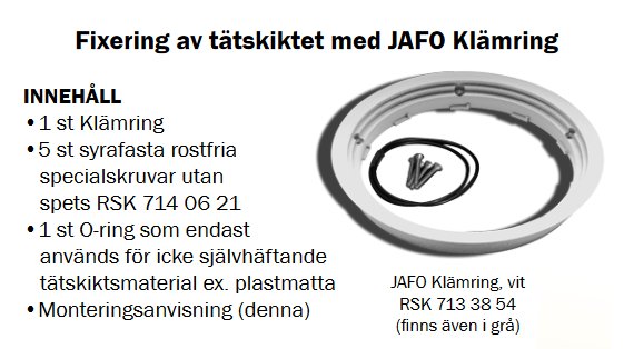 JAFO klämring för fastsättning av tätning i avlopp, visas med skruvar och O-ring, informationstext på svenska.