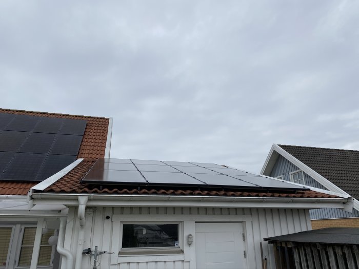 Solpaneler installerade på taket av ett vitt hus med tegeltak mot en molnig himmel.