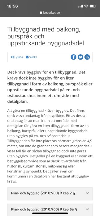 Skärmdump från Boverket med text om bygglovsregler för balkongtillbyggnad.