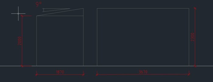Ritning av ett pulpettak med angivna mått och en lutning på 9 grader.