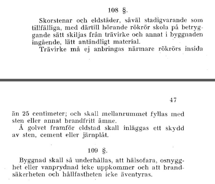 Sida ur en lagbok från 1931 med text om regler för skorstenar och eldstäder ur 1931 års byggnadsstadga.