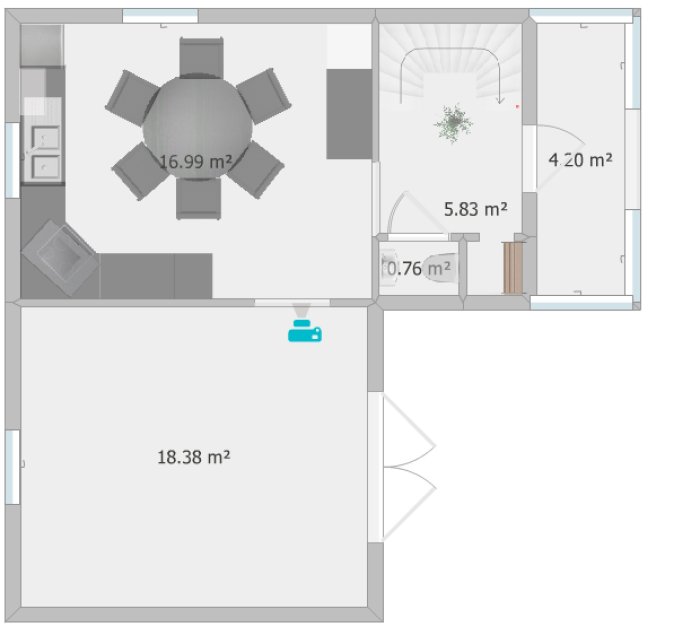 Översiktsplan för entréplan i ett hus, med kök, vardagsrum och trapp till övre våningen.