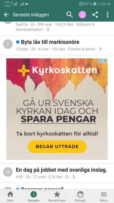 Screenshot av ett diskussionsforums inlägg om att gå ur Svenska kyrkan för att spara pengar.